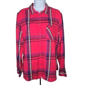 American Eagle Vintage Boyfriend Women's Pink Western Embroidered Flannel XL Top